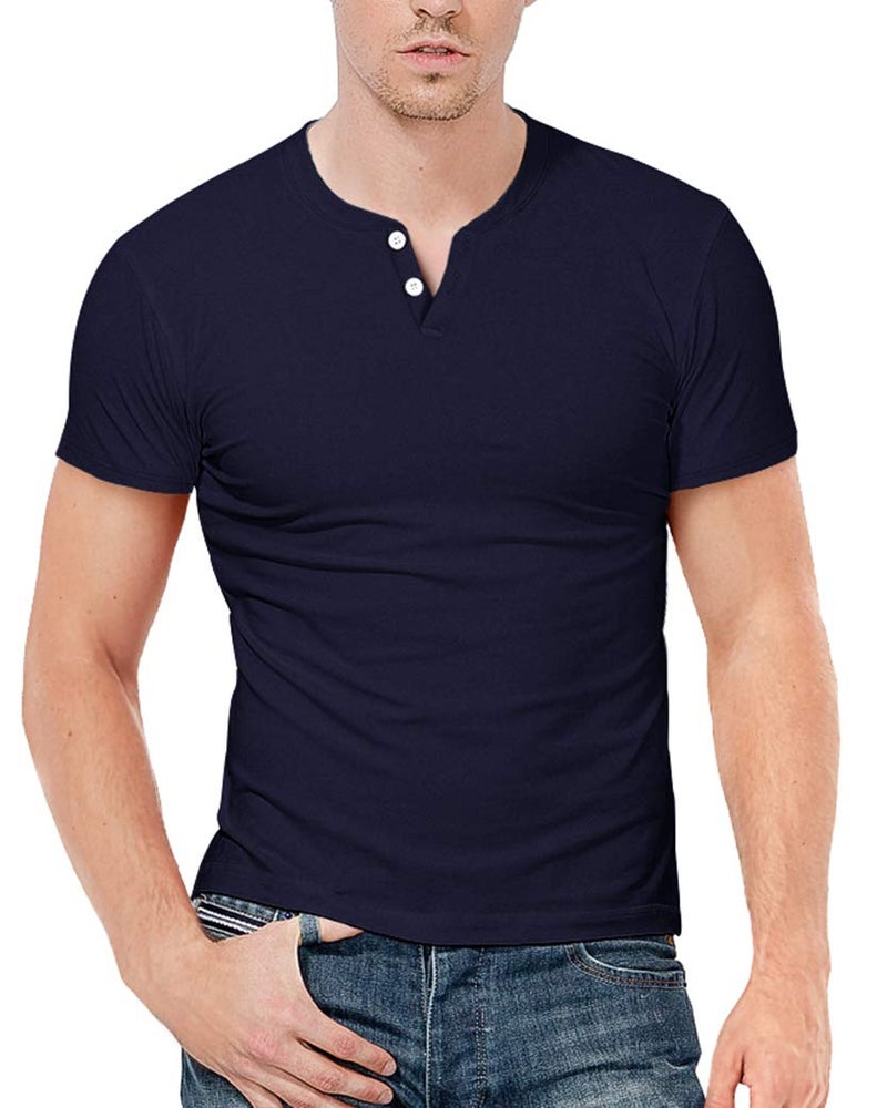 KUYIGO Men's Casual Slim Fit Short Sleeve Henley Tops T-Shirts V Neck Button Classic Cotton Shirts Navy Large - Image 2